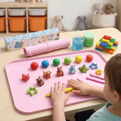 AWOKE 24"x16" Silicone Mats for Crafts with 0.7" High Edges, Large Leak-Proof Art Mat for Playdoh, Resin, Painting, Clay, Slime,Beads, Lego, Puzzle, Non-Stick & Non-Slip Table Protector for Kids, Pink