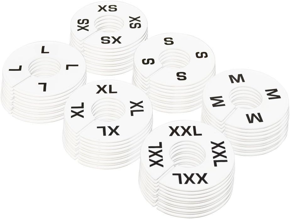 60 PC Clothing Rack Size Marks Dividers, White Plastic Round Ring Hangers XS S M L XL XXL for Retail Store