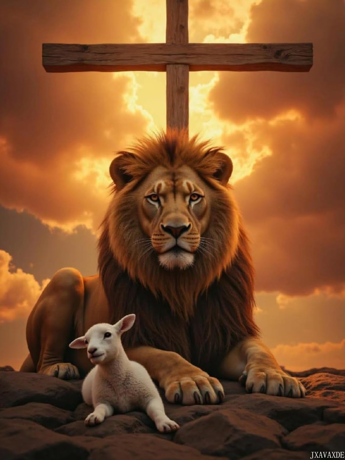 JXAVAXDE Diamond Painting (Frameless) Lion Lamb Sunset Clouds Cross Full Drill Diamond Art Kits Corlorful Diamond Painting Kits for Adults for Home Wall Decor 12x16in