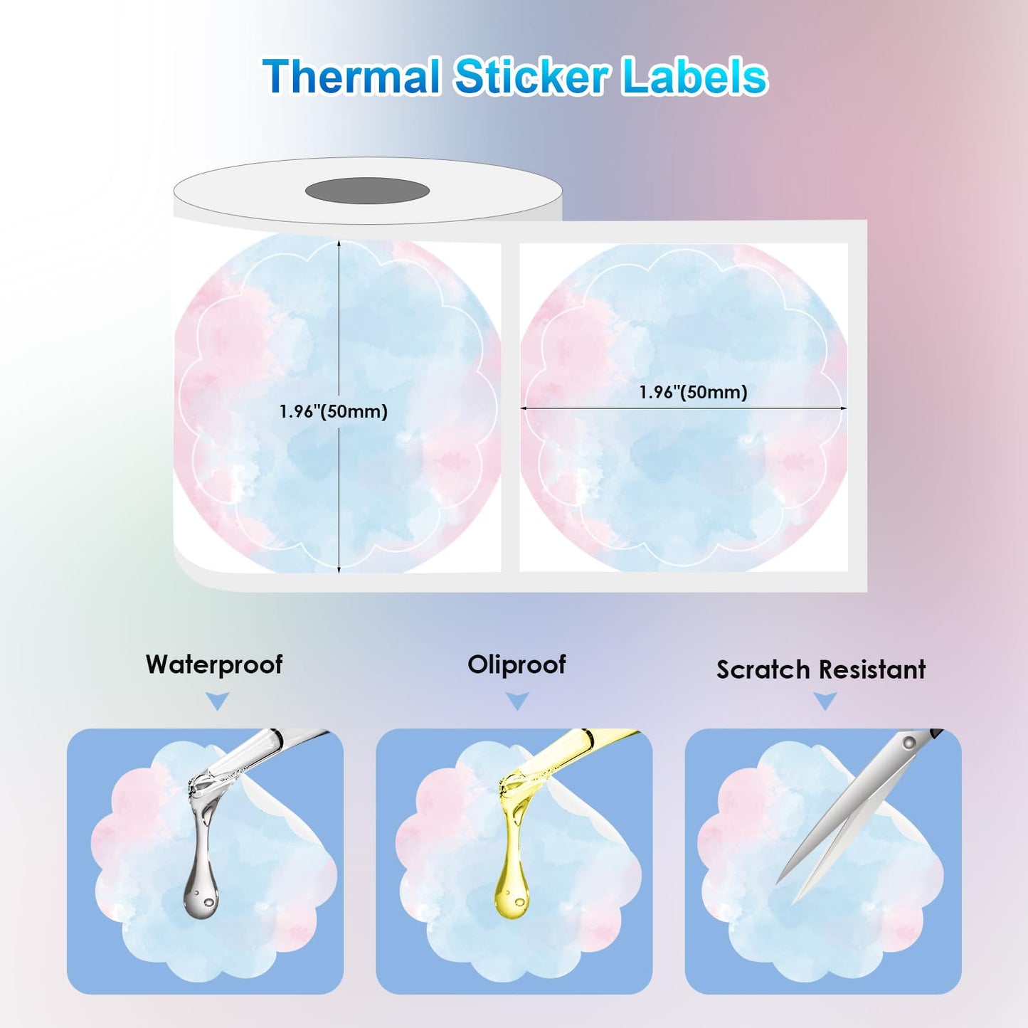 3 Rolls Thermal Labels Custom Sticker for Phomemo M110 M220 M221 M120 M200 Label Maker Printer 50x50MM Gradient Colorful Flower Edge Waterproof Address Label Paper for DIY,Design,Price,Name