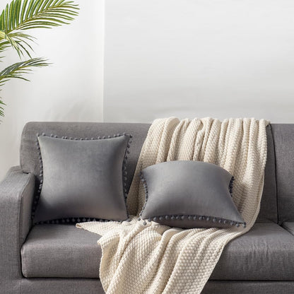 DEZENE Decorative Pillow Cases, 24x24 Light-Grey, 2 Pack Cozy Soft Pom-poms Velvet Square Throw Pillow Covers