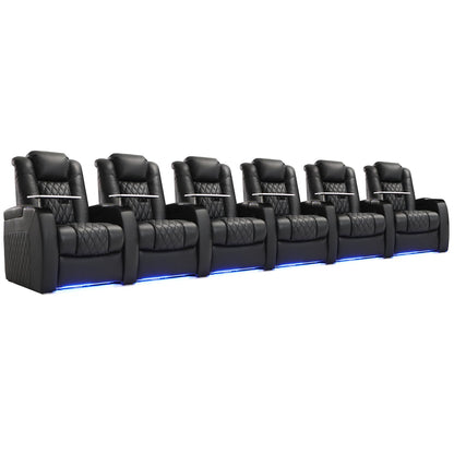 Weilianda Home Theater Seating Top Grain Leather Recliner Chair Power Headrest and Recline Movie Seats Gaming Sofa with Tray Table Type-C USB Charge Cup Holders Row of 6 Black