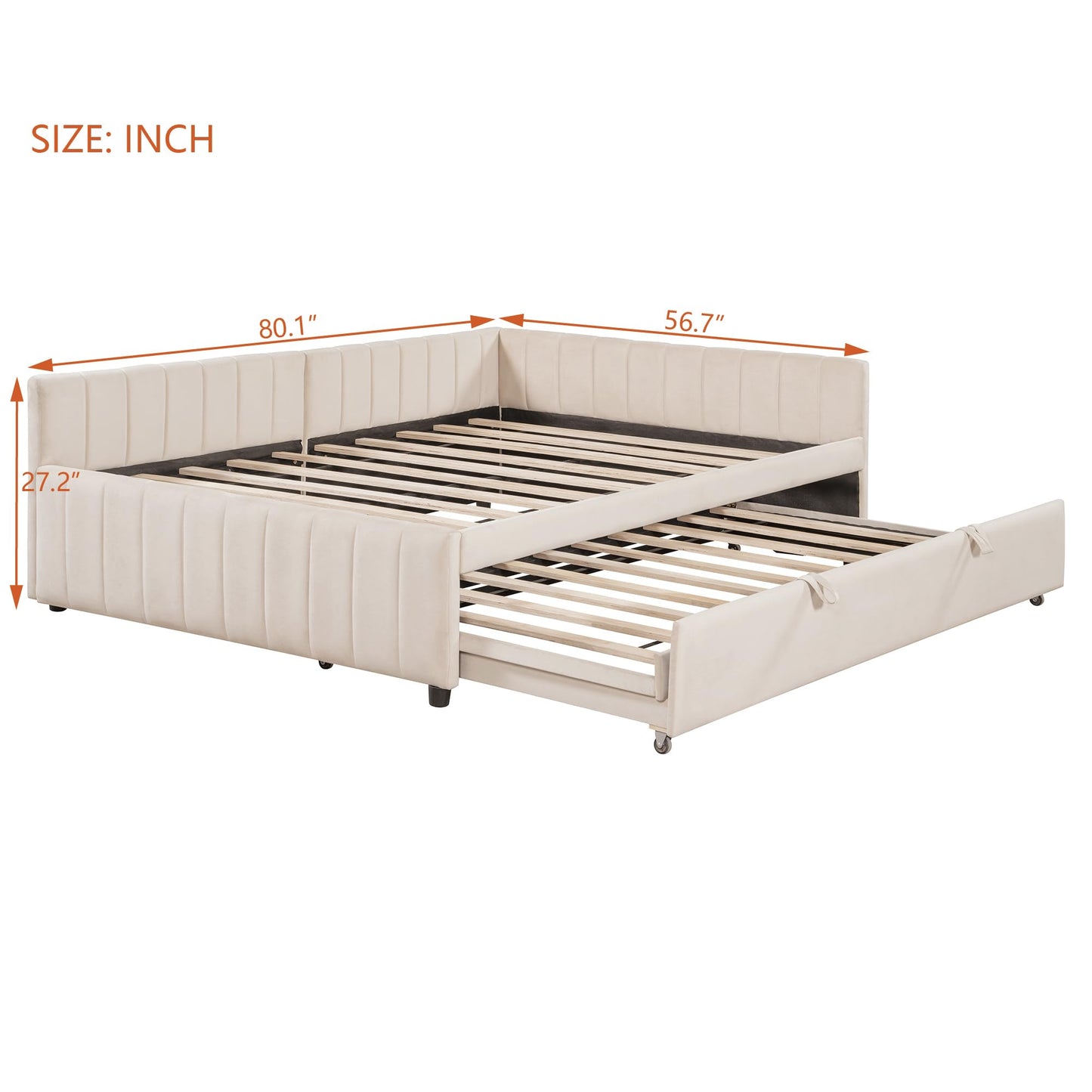 GDFStudio Full Size Upholstered L-Shaped Daybed with Pop Up Trundle, Vertical Stripe Design, Padded Backrest, No Box Spring Needed, Beige