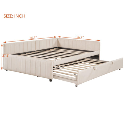 GDFStudio Full Size Upholstered L-Shaped Daybed with Pop Up Trundle, Vertical Stripe Design, Padded Backrest, No Box Spring Needed, Beige
