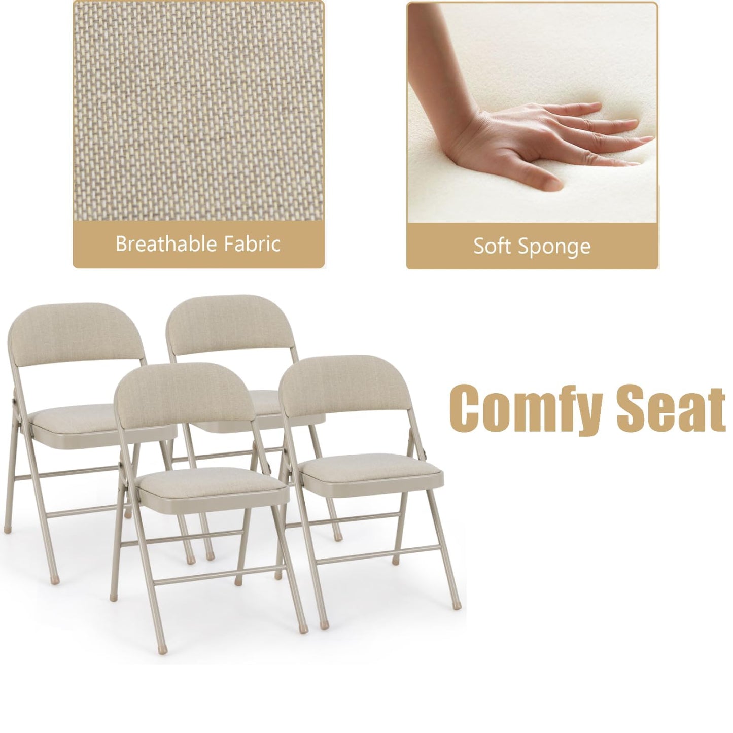 TANGZON 2/4/6 Pack Fabric Padded Folding Chairs, Steel Frame Conference Chairs with Backrest & Non-Slip Foot Pads, Easy Storage Event Hall Guests Seat for Home Office Reception (6pcs,Mid Back,Beige)