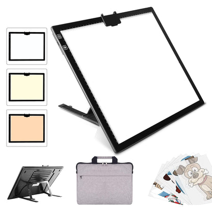 YINGWOND Rechargeable A3 LED Light Pad with Carry Bag, Adjustable Brightness Light Box with 3 Colors, Built-in Stand, 2500mAh Battery, Magnetic Clip, Light Board for Tracing Diamond Painting Sketching