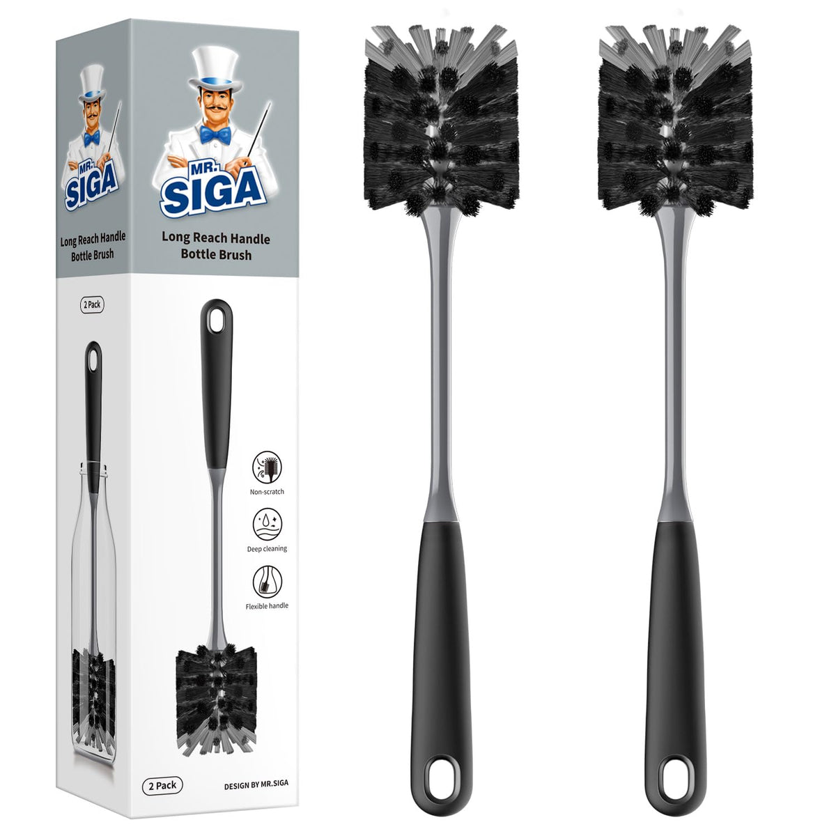 MR.SIGA Long Handle Bottle Brush, Flexible Scrub Brush for Water Bottles, Glasswares, Mugs, Black, 2 Pack