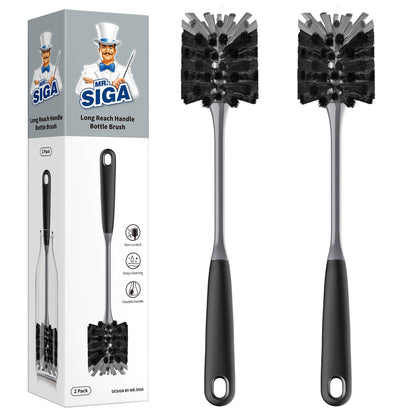 MR.SIGA Long Handle Bottle Brush, Flexible Scrub Brush for Water Bottles, Glasswares, Mugs, Black, 2 Pack