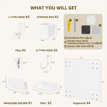 VUSIGN Peg Board Combination Kit, 22"x22" Pegboards and Accessories for Wall Organization with Two Installation Modes, Pegboard Wall Organizer for Office, Home, Desk,White Peg Board, White