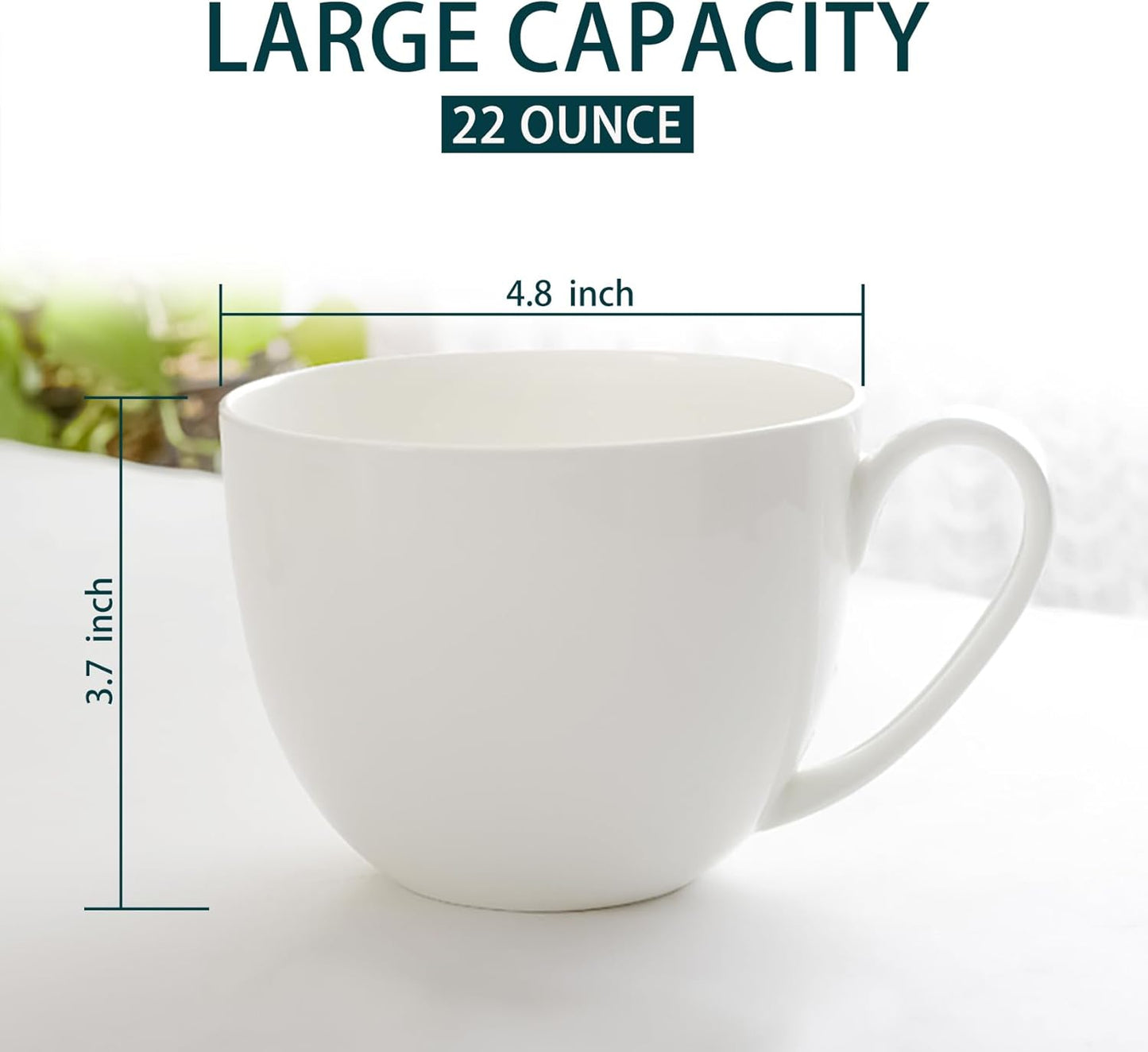 22 OZ Set 2 White Bone China Soup Mugs with Handles, Large Ceramic Coffee Mugs of for Hot Chocolate Cocoa Cereal Salads