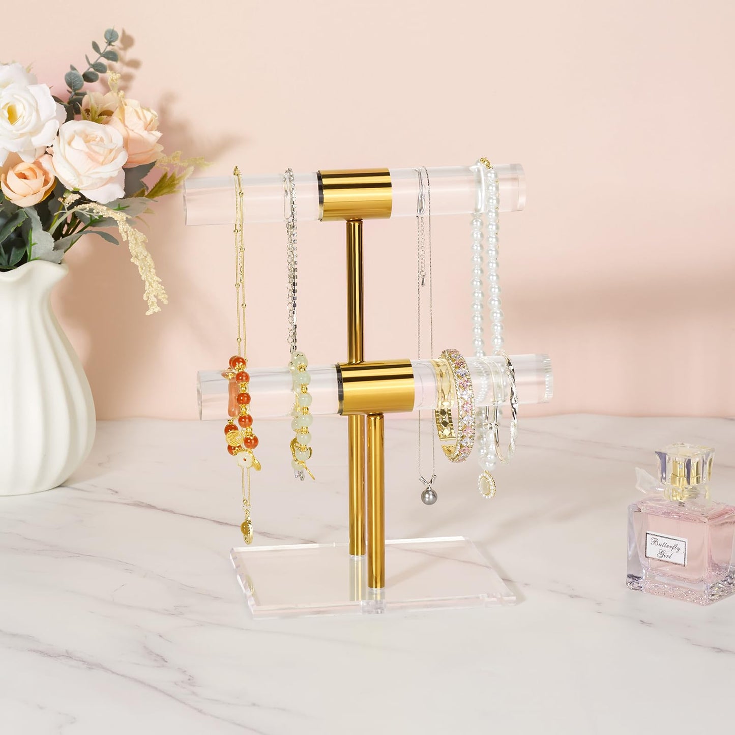 Jolboldy Necklace Holder Bracelet Holder, 2-Tier Acrylic Jewelry Display Stand Gold Jewelry Tower Stand Crystal T Bar Jewelry Organizer Gift for Women(2-Tier 1pc)