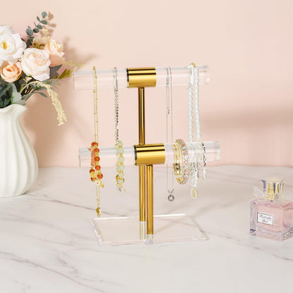 Jolboldy Necklace Holder Bracelet Holder, 2-Tier Acrylic Jewelry Display Stand Gold Jewelry Tower Stand Crystal T Bar Jewelry Organizer Gift for Women(2-Tier 1pc)