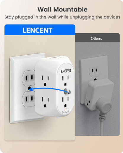 LENCENT 2 Prong Power Strip, 3 to 2 Prong Grounding Outlet Adapter 6 Outlet 1 Type C&2 USB 3.4A, Polarized Plug, 1728J Surge Protector, 3-Sided Wide Spaced Extender,Wall Mount for Non-Grounded Outlet