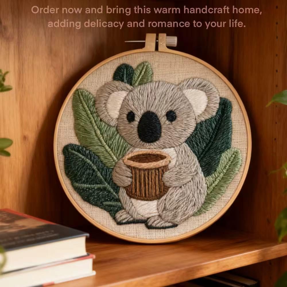 HCANPER Cute Koala Embroidery Starter Kit,DIY Needle Punch Kit, Punch Needle Kits for Beginners,Include Pre-Printed Fabric,Tools,Embroidery Hoop,Threads. (Adorkable)