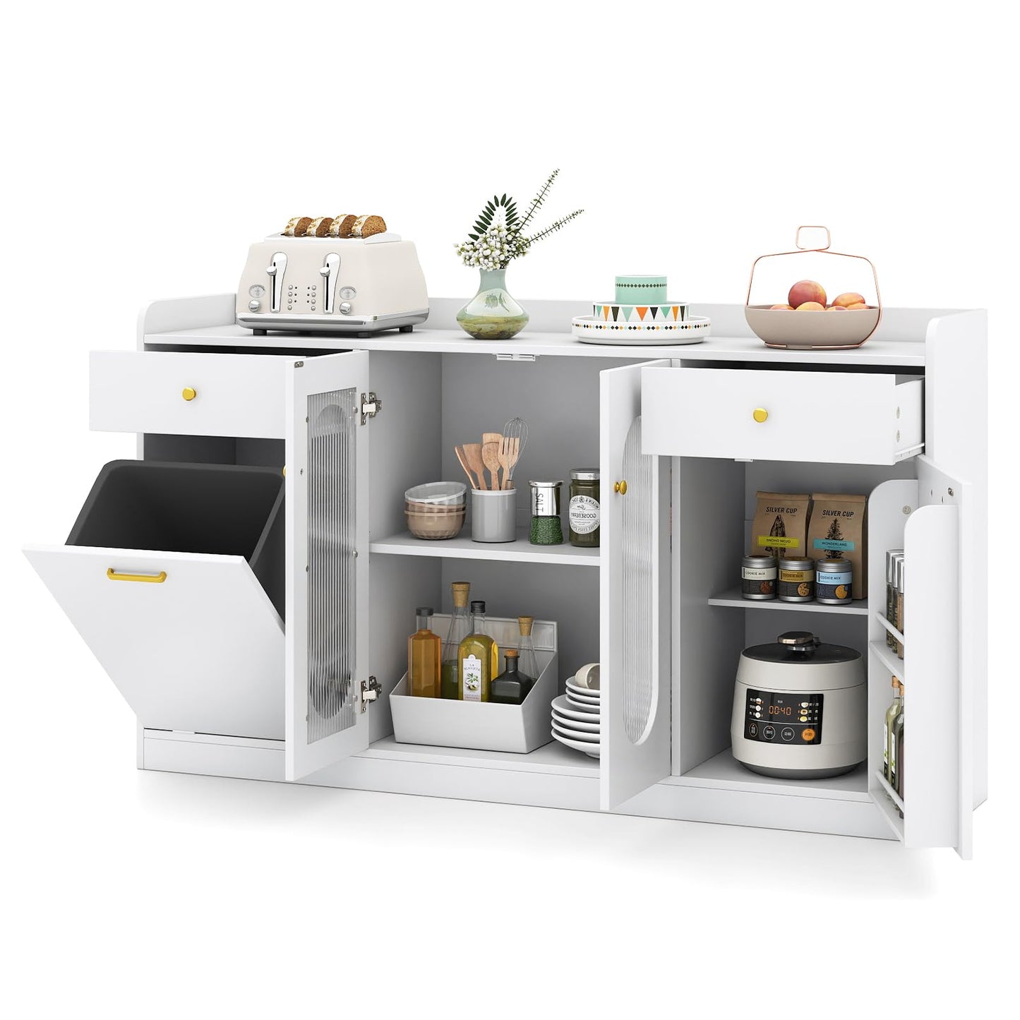 Giantex 55" Farmhouse Buffet Cabinet, Large Credenza w/Hidden Tilt Out Trash Can, 2 Glass Doors, 2 Drawers & Adjustable Shelves, Modern Sideboard Coffee Bar Cabinet for Kitchen, Dining Room (White)