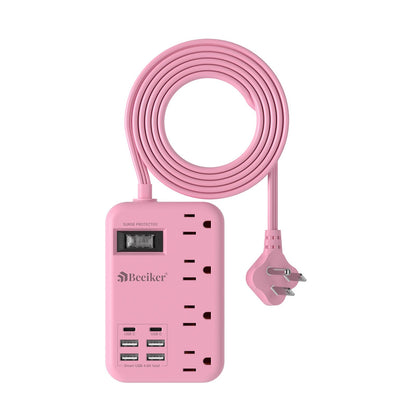 6 USB(2 USB C) Purple Travel Power Strip- 5Ft Lavender Extension Cord with 24W USB Charging Station and 4 Outlets, Purple Desk Accessories with Surge Protector for Cute Kawaii Office Dorm Room