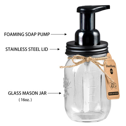SheeChung Bathroom Accessories Set - Mason Jar Foaming Hand Soap Dispenser, Qtip Holder Set, Rustic Farmhouse Decor, Apothecary Jars, Bathroom Countertop Organizer - Black