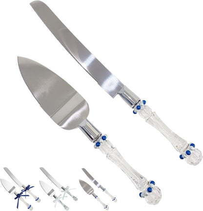 FISHBONE Stainless Steel Wedding Cake Knife and Server Set, Nautical Blue Rings Design for Special Occasions