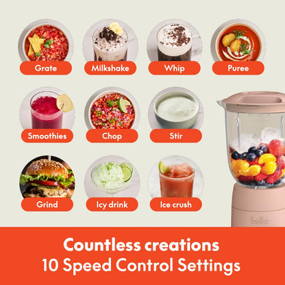 bella 10 Speed Countertop Blender, Juicer & Smoothie Maker, Fits-anywhere™ Kitchenware, Slim Flip & Store Design, Dishwasher Safe 48oz Capacity Pitcher & Lid, Stainless Steel Blade, 450 Watt, Oatmilk