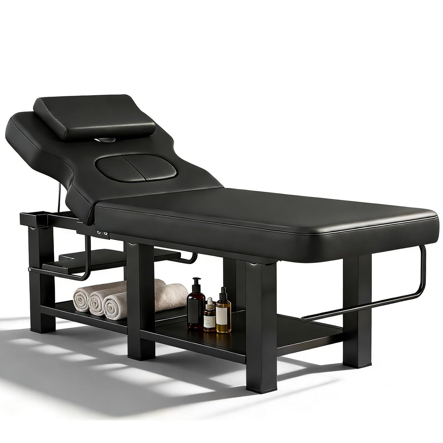 Heavy Duty Stationary Massage Table with Adjustable Backrest, Wide Spa Facial Bed with Metal Frame & PU Leather, Professional Massage Therapy Bed for Spa Salon Tattoo Physical Therapy Clinic (Black)