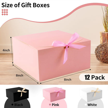 WLUSEAXI 12-Pack Gift Boxes with Lids, Pink with Bow Ribbon, Bridesmaid Proposal Box for Wedding, Christmas, Halloween, Baby Shower