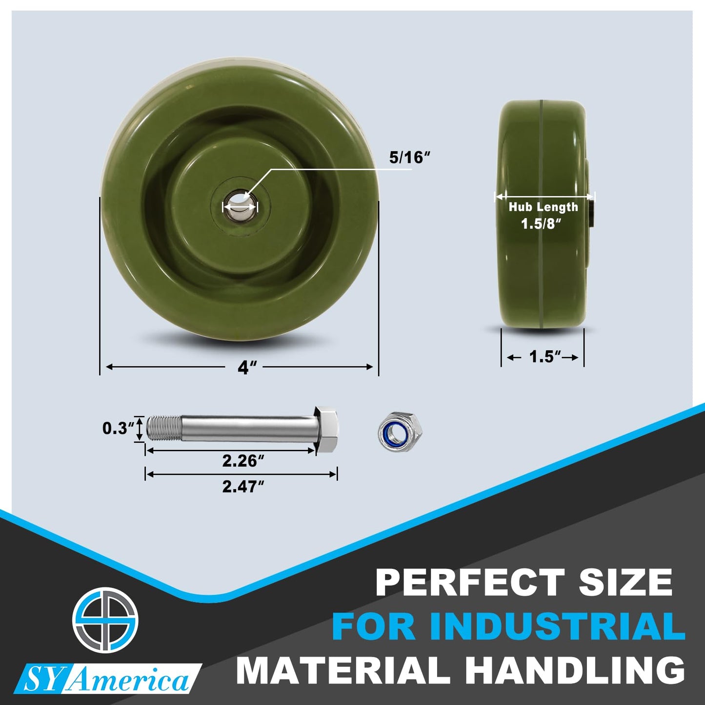 SY America 4"×1.5" Caster Wheels,High Temp Green Epoxy Wheel -Industrial Bakery and Oven Rack Wheels Set of 100, 5/8" Bore Bearings - 2800 lbs Capacity