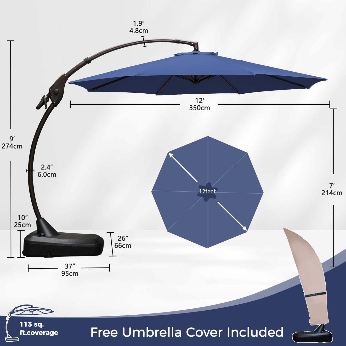 Grand patio 12 FT Patio Cantilever Umbrella Outdoor Large Round Aluminum Offset Umbrella Base Included for Deck Yard (Navy Blue, 12 FT)