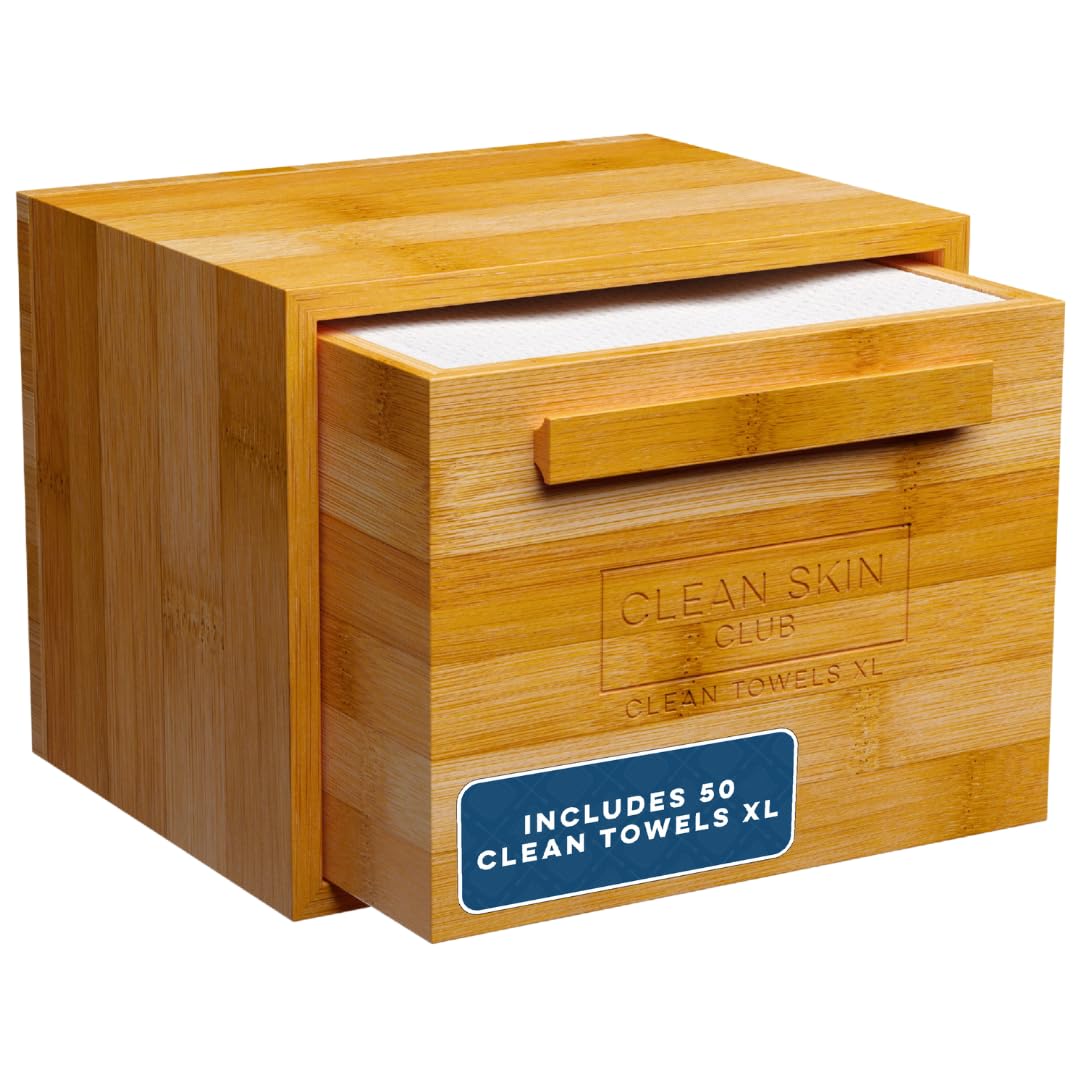 CLEAN SKIN CLUB Luxe Bamboo Box with Drawer & Towels XL, USDA Certified 100‪%‬ Biobased Dermatologist Approved Face Towel, Disposable Makeup Remover Dry Wipes, Facial Wash (Bamboo Container Drawer)