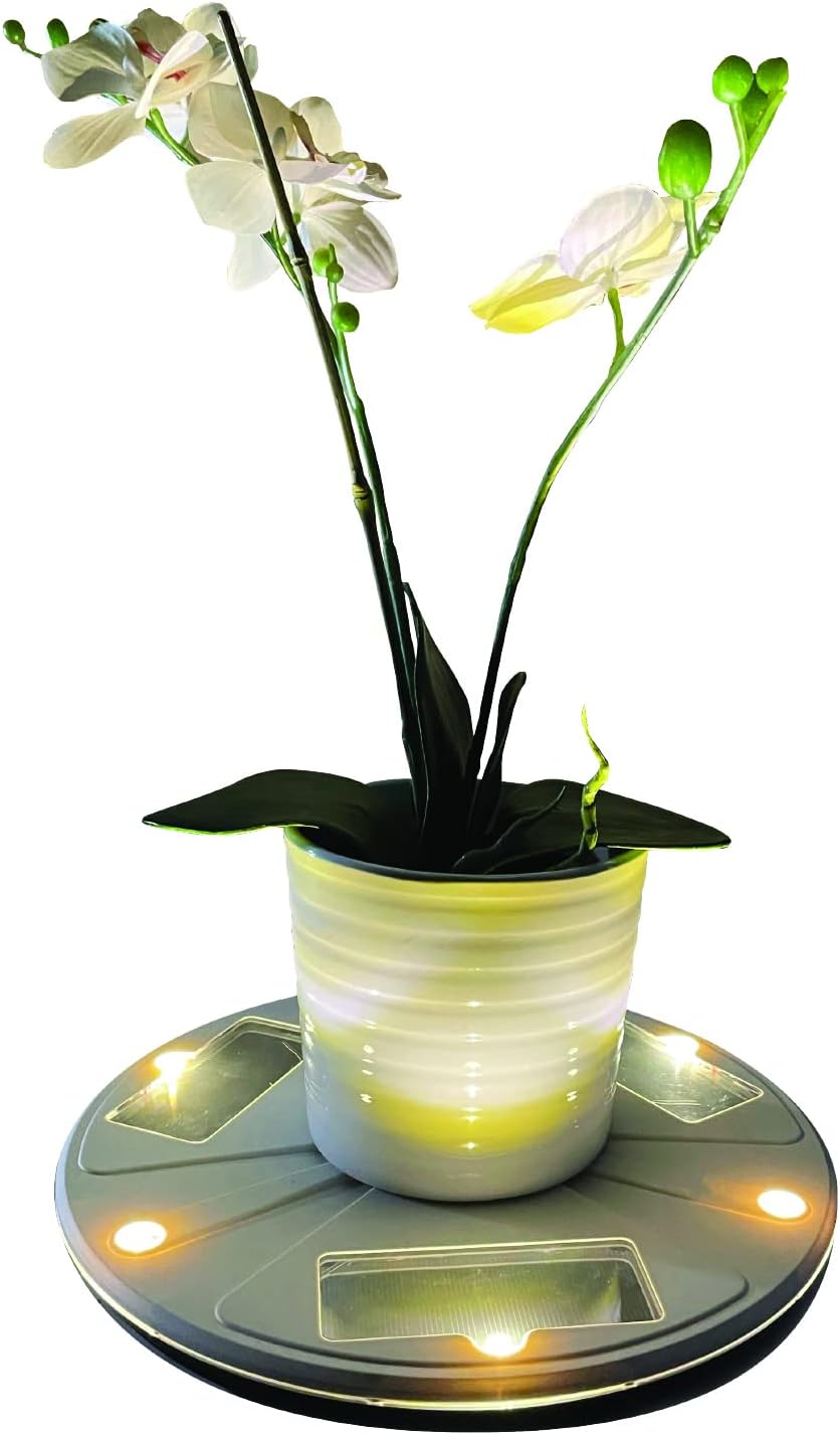(77i50265) Gama Sonic Illuminated Plant Stand for Outdoor, Solar Power, White Base for Exterior Potted Plants