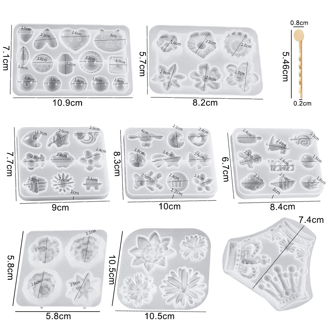 Voyyphixa 8PCS Resin Hair Clip Molds with 20 Golden Hair Pins Accessories Hair Barrettes Silicone Molds for Epoxy Resin Jewelry Resin Casting Molds for DIY Bookmark, Pendant Charm Decoration