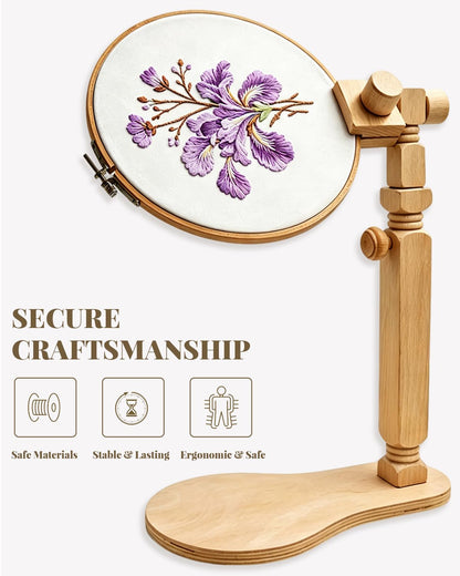 Wood Embroidery Hoop Stand Set, Needlepoint Stand for Lap, Embroidery Hoop Stand with Embroidery Kit for Beginners for Cross Stitch, Embroidery, and Art Craft Sewing Projects