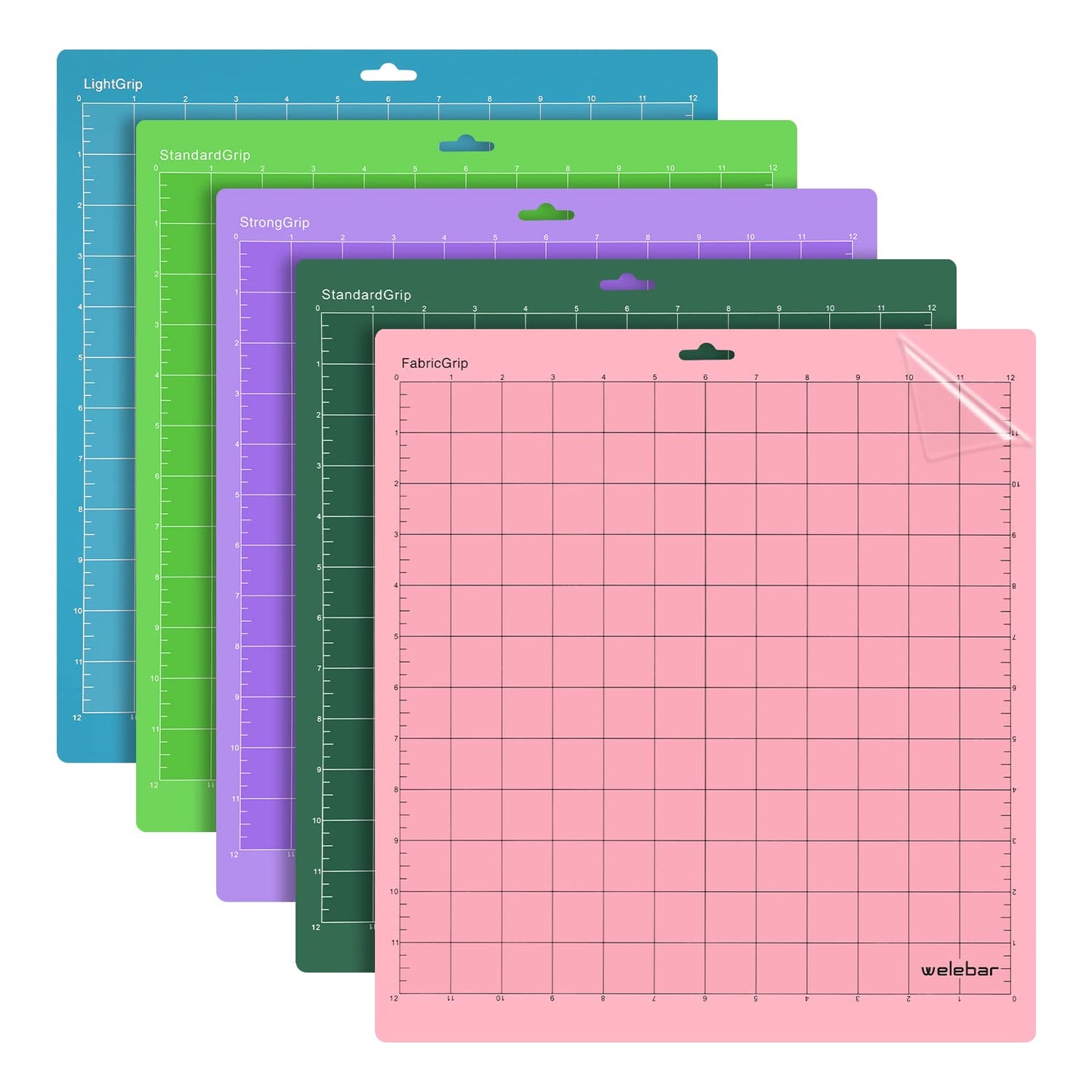 Welebar Cutting Mats Compatible with Cricut Maker 3/Maker 4/Maker/Explore 3/Explore 4/Air 2/Air, 5 Pack(12x12 Inch, StandardGrip/LightGrip/StrongGrip/FabricGrip) Quilting Cutting Mats