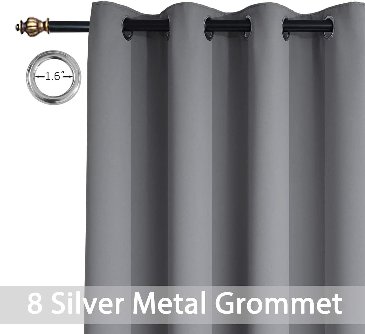 Yakamok Room Darkening Gray Blackout Curtains, Light Blocking Thermal Insulated Grommet Drapes for Bedroom Living Room, 52W x 84L, Grey Curtains, 2 Panels, 2 Tie Backs Included