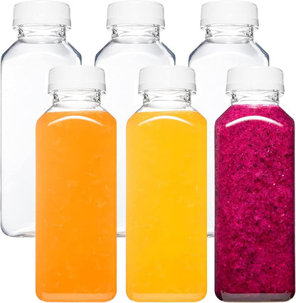 12oz 6pcs Norcalway Plastic Juice Bottles with Caps, Reusable Juicing Bottles, Clear Drink Containers with Lids