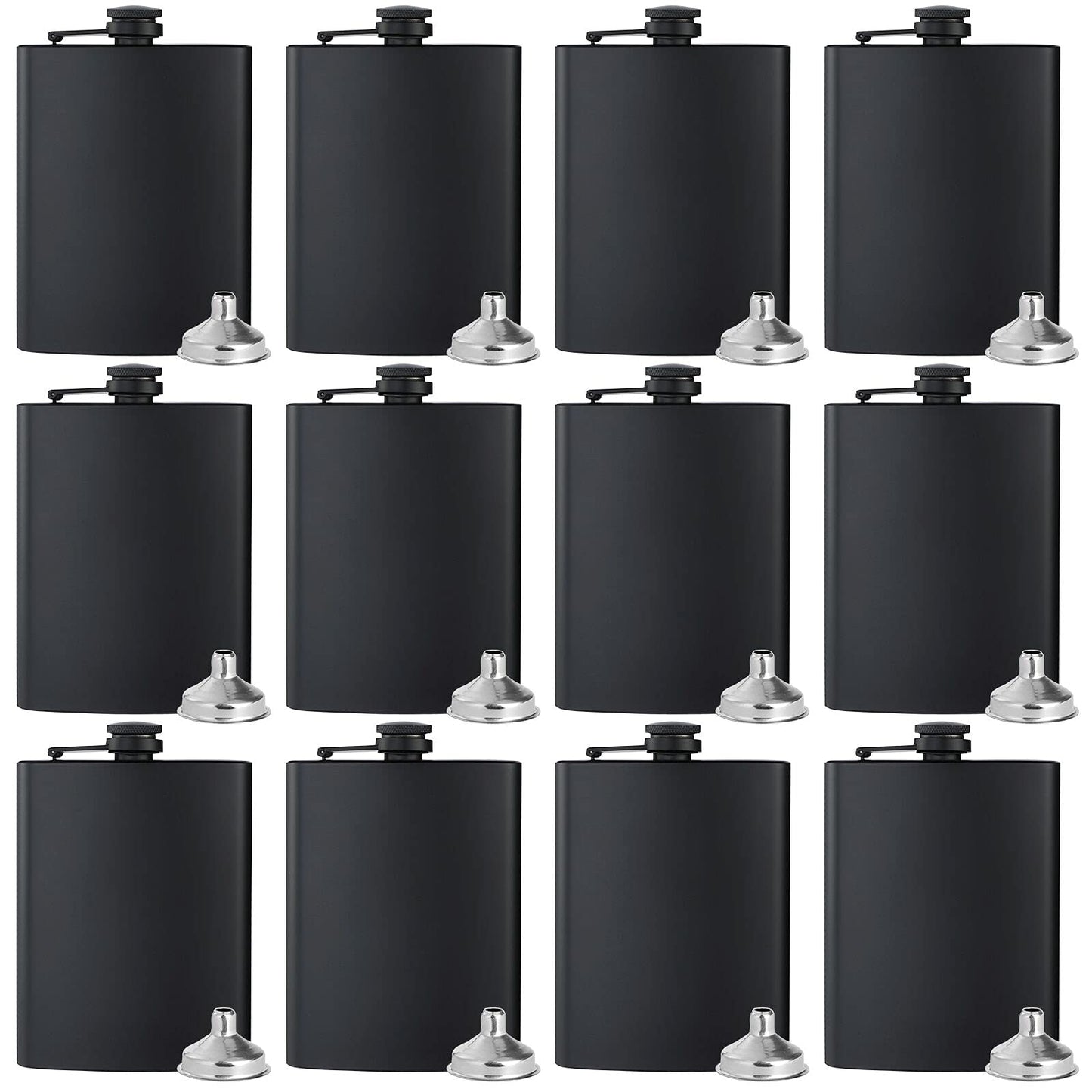 BALABALA Hip Flasks for Liquor for Men Women 12 pcs 8Oz Matte Black Stainless Steel Flask with 12 pcs Funnels for Wedding Party Groomsman Bridesmaid Birthdays Gift