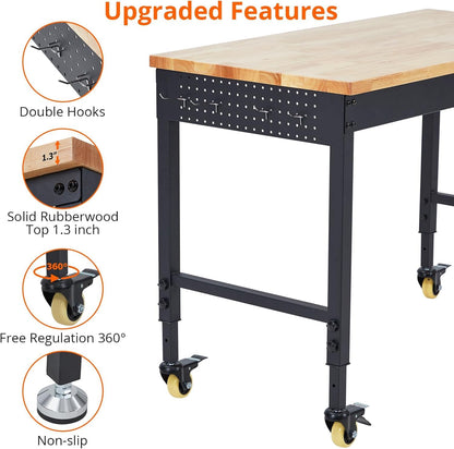 Adjustable Height Garage Workbench 72" X 25" - Heavy Duty 2000 lbs Capacity, Rubber Wood Top, Rolling Workstation with Drawer Storage, Power Outlets & Lockable Wheels - Perfect for Workshop