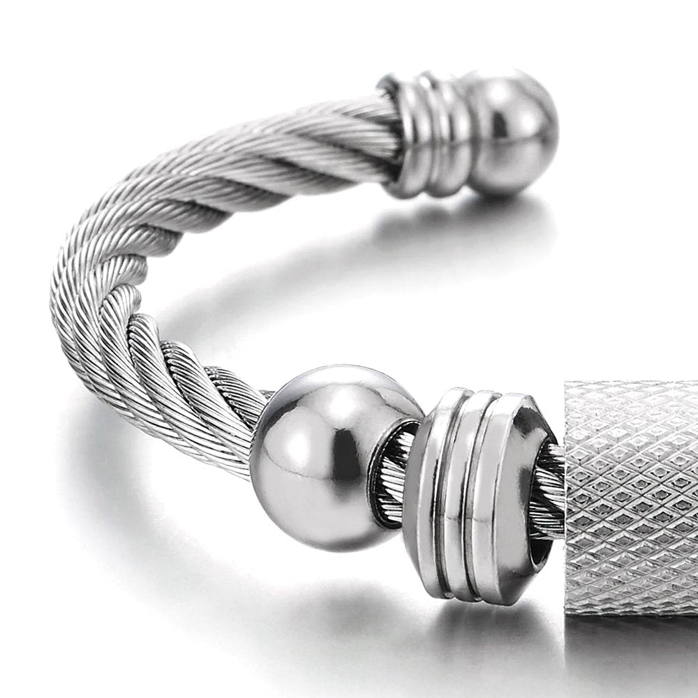 COOLSTEELANDBEYOND Steel Twisted Cable Cuff Bangle Bracelet for Men Women with Beads Charms, Polished Adjustable