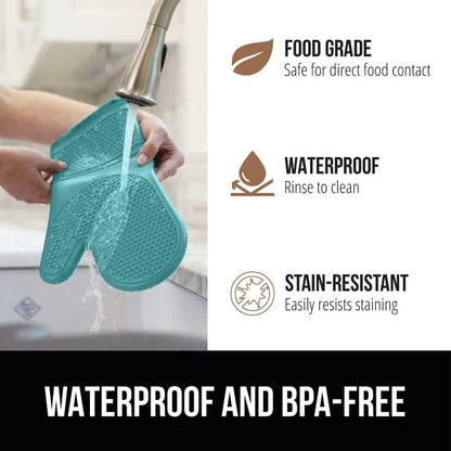 Gorilla Grip 4 Piece Silicone Oven Mitt and Trivets Set, Waterproof, Cotton Lined, BPA-Free, Turquoise