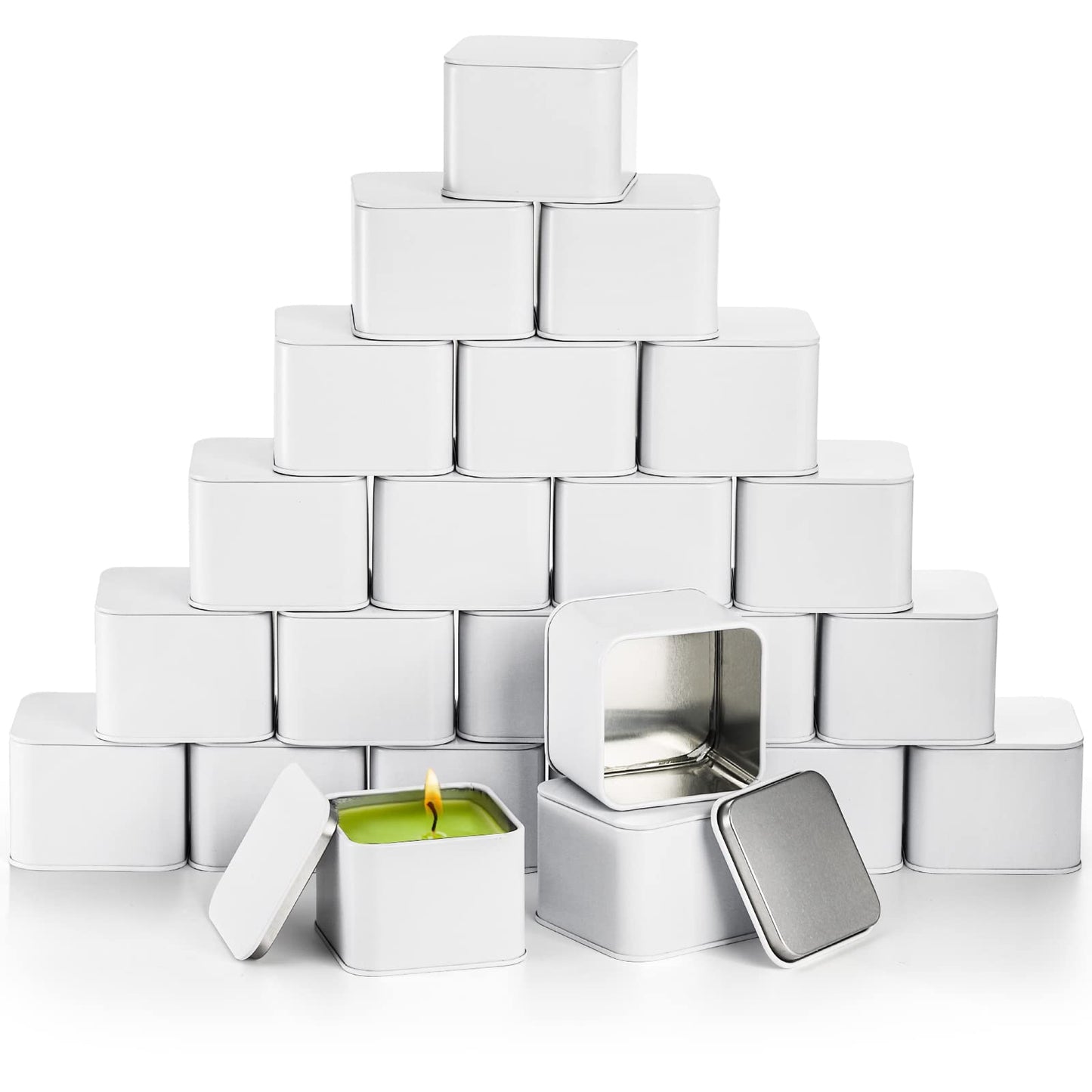 AVLA 24 Pack Candle Tins, 8 OZ Square Candles Jar with Lid, Empty Metal Candle Containers, Bulk Candy Storage Can Sets for DIY, Arts, Crafts, Storage, Gifts, White Decorative Candles Making Supplies