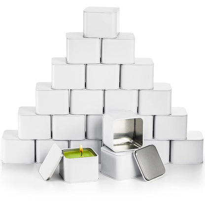 AVLA 24 Pack Candle Tins, 8 OZ Square Candles Jar with Lid, Empty Metal Candle Containers, Bulk Candy Storage Can Sets for DIY, Arts, Crafts, Storage, Gifts, White Decorative Candles Making Supplies