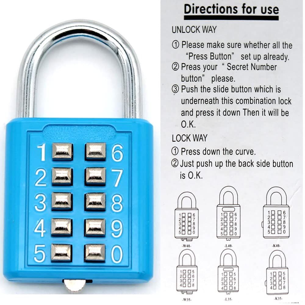MIONI 10 Digit Push Button Combination Padlock, 5 Digit Locking Mechanism,Blue (2 Blue)