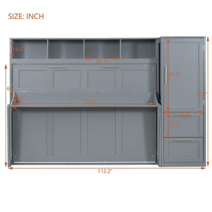 Ball & Cast Queen Size Murphy Bed Wall Chest with Closet and Storage Drawers,Wood Hideaway Platform Bedframe can be Folded,Easy Assembly,for Kids Bedroom,Student Dorms,Gray