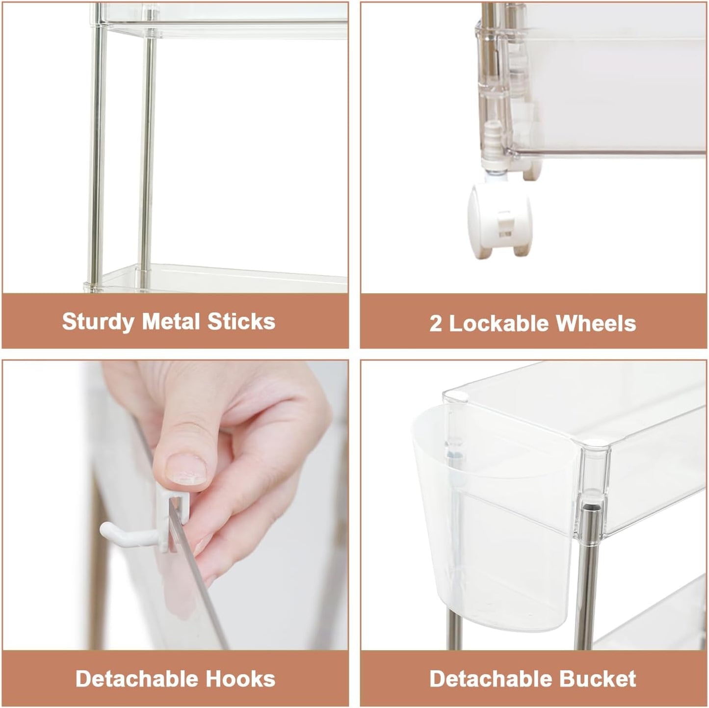 4-Tier VECELO Acrylic Rolling Cart, Slim Utility Cart for Storage, Mobile Storage Cart with Lockable Wheels