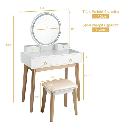 Nightcore Vanity Set, Makeup Vanity w/Round Lighted Mirror, Vanity Desk w/Cushioned Stool, 4 Drawers Modern Home Dressing Table for Girls & Women, White