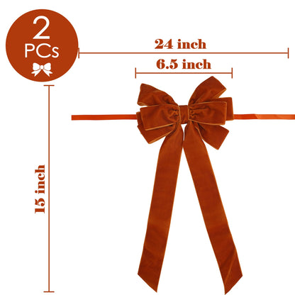 AIMUDI Orange Velvet Bows for Christmas Tree 6.5" x 15" Christmas Bows for Gift Wrapping, Holiday Crafts, Wreaths, Garlands, Staircase, Home Outdoor Winter Decorations, 2 PCs