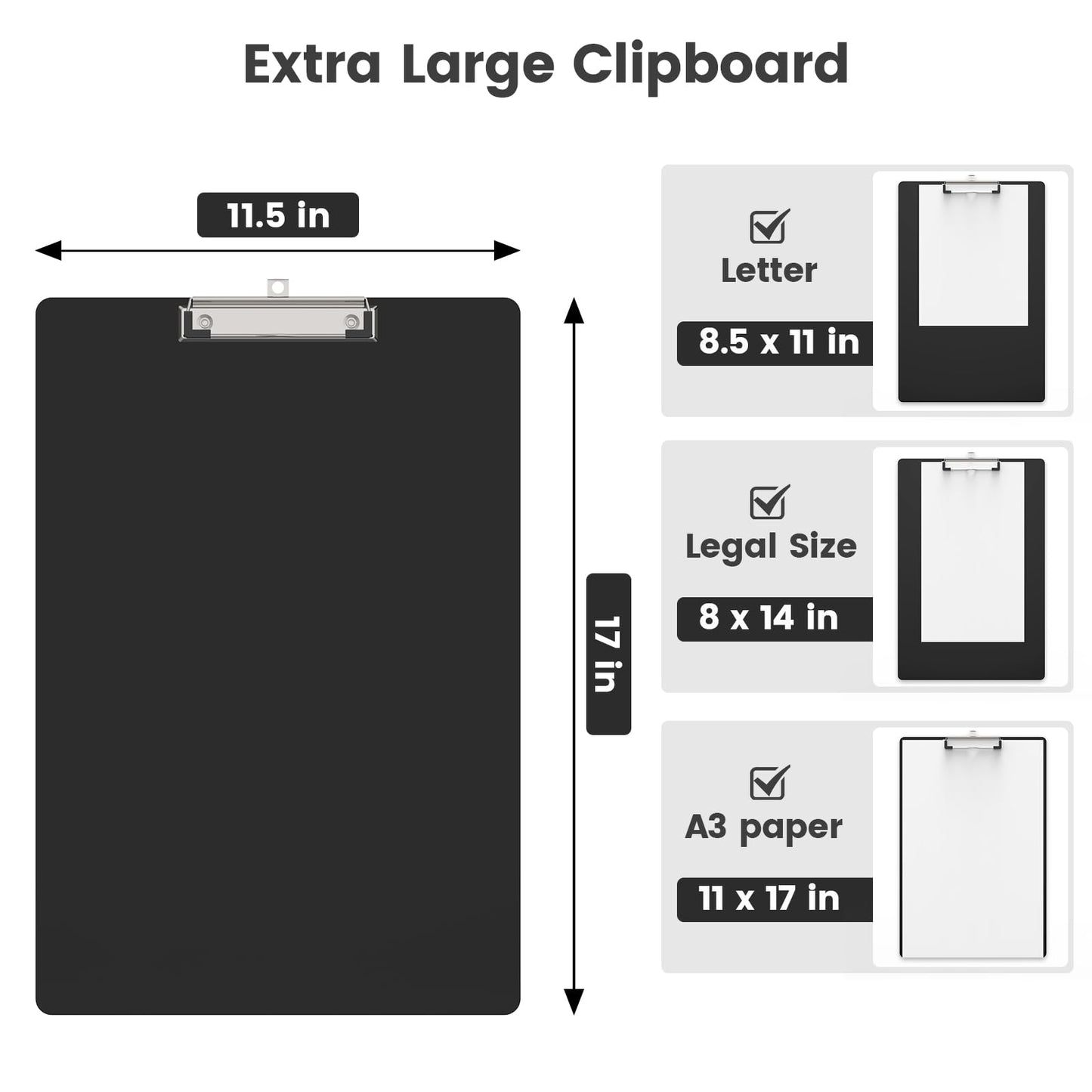 Macroclo Extra Large 11x17 Clipboards, Plastic Black Drawing Boards, Horizontal Clip Board, Vertical Layout. Suitable for Watercolor, Sketching, Painting. Art & Drafting Supply(Pack of 6)