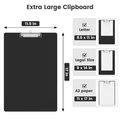 Macroclo Extra Large 11x17 Clipboards, Plastic Black Drawing Boards, Horizontal Clip Board, Vertical Layout. Suitable for Watercolor, Sketching, Painting. Art & Drafting Supply(Pack of 6)