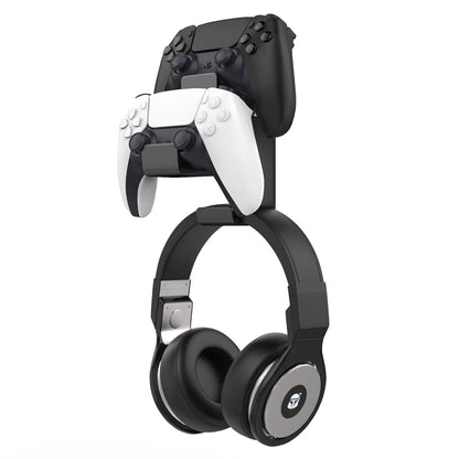 MoKo Controller Holder, Dual Gamepad Controller & Headphone Hanger for Xbox One, Xbox 360, PS3, PS4, PS5, PC, STEAM, Switch/Switch 2, Wall Mount Stand for All Universal Headsets, Black