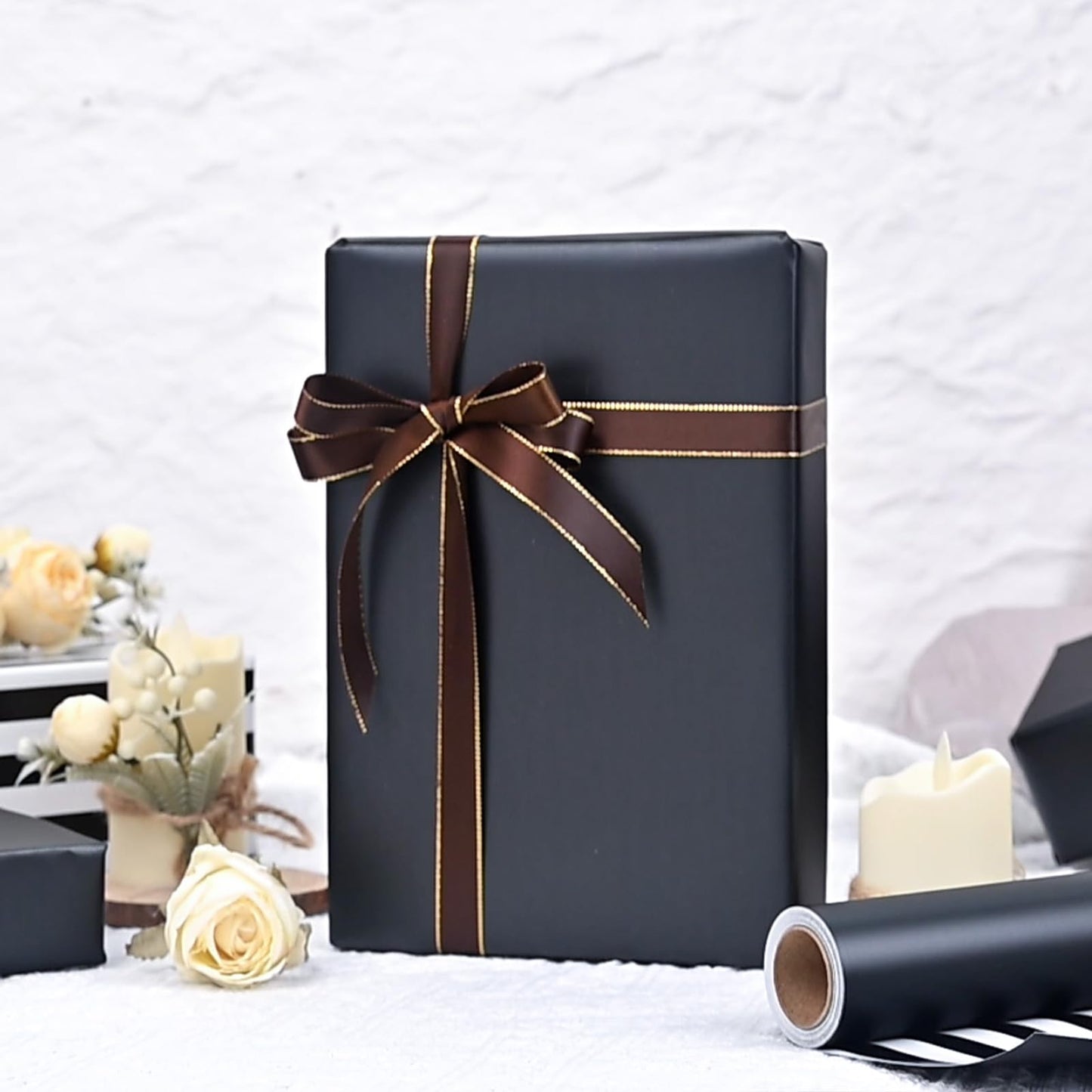 Homeral Black Wrapping Paper Roll - 17 In x 33 Ft Matte Metallic Solid Color & Black and White Stripe Reversible Gift Wrapping Paper for Birthday, Christmas, Father's Day, Graduation, DIY Bouquet