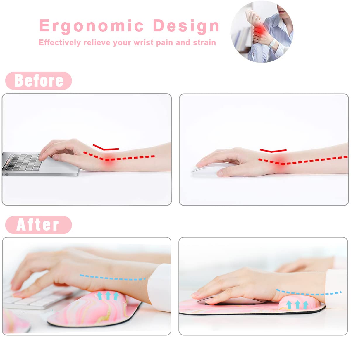 Memory Foam Ergonomic Keyboard Wrist Rest Pad and Mouse Wrist Rest Support Mouse Pad Set for Office Gaming Easy Typing-Pink Fluid